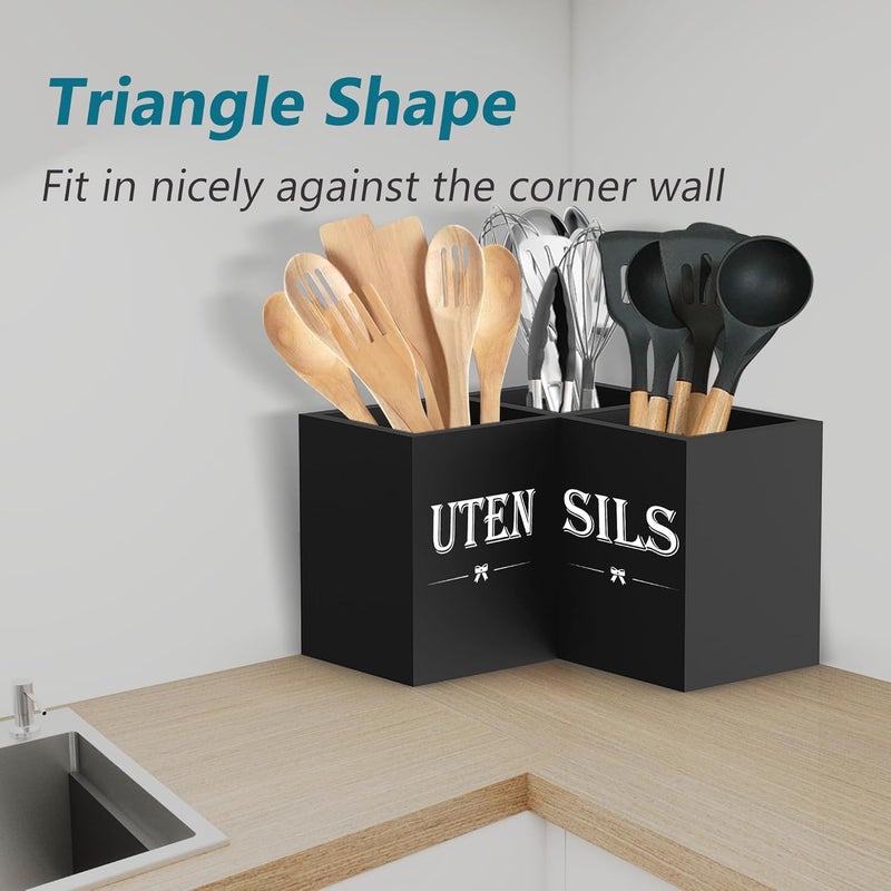 Suli Extra Large Kitchen Utensils Holder with 3 Compartments,Corner Utensil Caddy for Countertop,Wooden Utensil Organizer for Kitchen Countertop, Farmhouse Decor- Black - Image 3